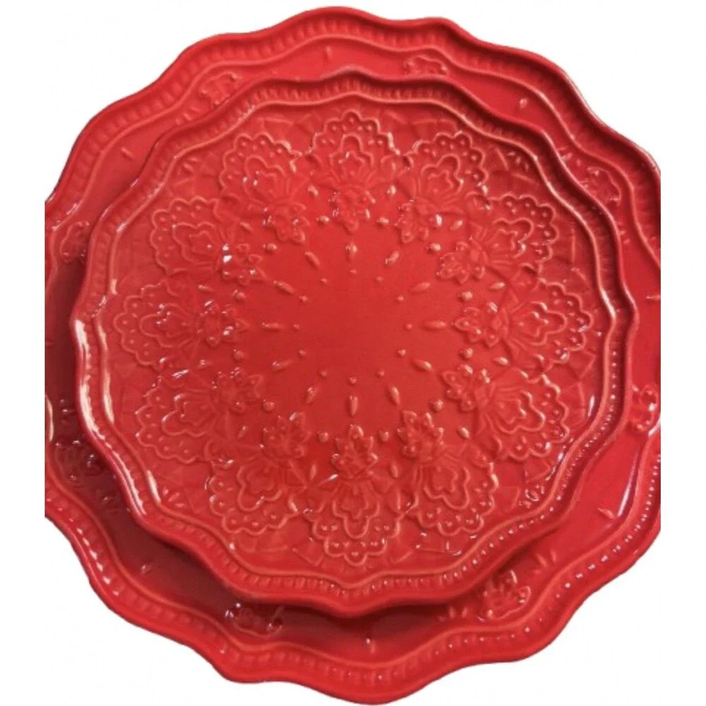 Pioneer Woman Farmhouse Lace Claret Red Dinner Salad Plate Set of 2 Discontinued